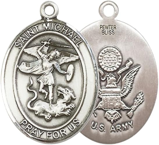 Women's Pewter Saint St. Michael Army Medal Pendant Necklace with 18- Inch Rhodium Plated Lite Curb Brass Chain, Catholic Medal - Patron Saint. of Police Officers and EMTs – Gift for Soldiers in Velvet Box