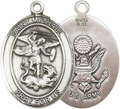 Women's Pewter Saint St. Michael Army Medal Pendant Necklace with 18- Inch Rhodium Plated Lite Curb Brass Chain, Catholic Medal - Patron Saint. of Police Officers and EMTs – Gift for Soldiers in Velvet Box