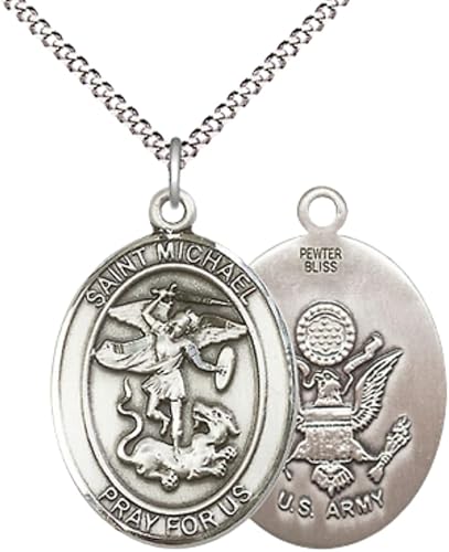 Women's Pewter Saint St. Michael Army Medal Pendant Necklace with 18- Inch Rhodium Plated Lite Curb Brass Chain, Catholic Medal - Patron Saint. of Police Officers and EMTs – Gift for Soldiers in Velvet Box
