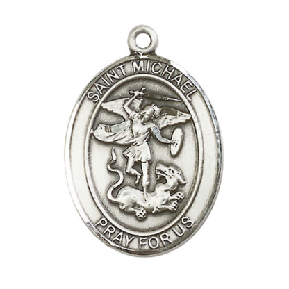 Mens Oval Pewter Saint St. Michael the Archangel Medal Pendant on 24 Inch Rhodium Plated Heavy Curb Brass Chain with Lobster Claw clasp, Catholic Religious Necklace - Made in USA - Velvet Gift Box