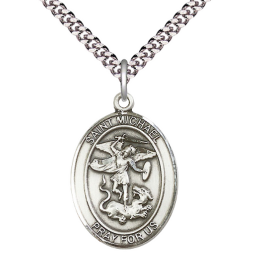 Mens Oval Pewter Saint St. Michael the Archangel Medal Pendant on 24 Inch Rhodium Plated Heavy Curb Brass Chain with Lobster Claw clasp, Catholic Religious Necklace - Made in USA - Velvet Gift Box