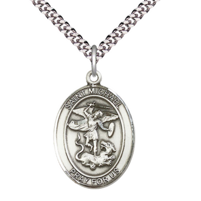 Saint Michael the Archangel Medal Necklace – Men's Pewter Pendant on a 24 -Inch Light Rhodium Heavy Curb Chain | Catholic Patron Saint of Police Officers & EMTs
