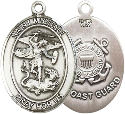 Women's Pewter Saint St. Michael Coast Guard Medal Pendant Necklace with 18- Inch Rhodium Plated Lite Curb Brass Chain, Catholic Medal - Patron Saint. of Police Officers and EMTs –– Velvet Gift Box Included