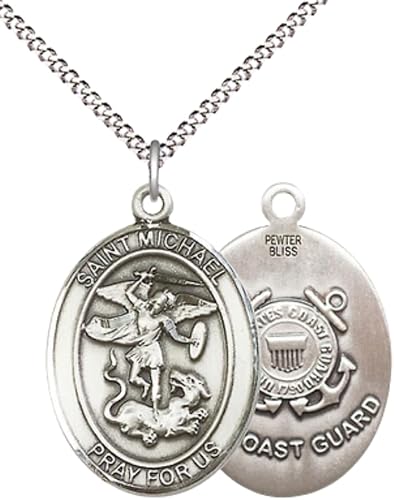 Women's Pewter Saint St. Michael Coast Guard Medal Pendant Necklace with 18- Inch Rhodium Plated Lite Curb Brass Chain, Catholic Medal - Patron Saint. of Police Officers and EMTs –– Velvet Gift Box Included