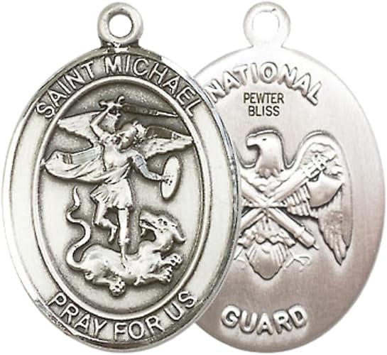 Women's Pewter Saint St. Michael National Guard Medal Pendant Necklace with 18- Inch Rhodium Plated Lite Curb Brass Chain – Patron Saint St. of Police Officers and EMTs, Catholic Medal – Velvet Gift Box Included