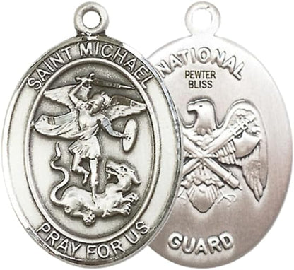 Women's Pewter Saint St. Michael National Guard Medal Pendant Necklace with 18- Inch Rhodium Plated Lite Curb Brass Chain – Patron Saint St. of Police Officers and EMTs, Catholic Medal – Velvet Gift Box Included