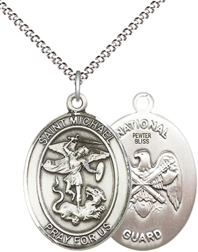 Women's Pewter Saint St. Michael National Guard Medal Pendant Necklace with 18- Inch Rhodium Plated Lite Curb Brass Chain – Patron Saint St. of Police Officers and EMTs, Catholic Medal – Velvet Gift Box Included