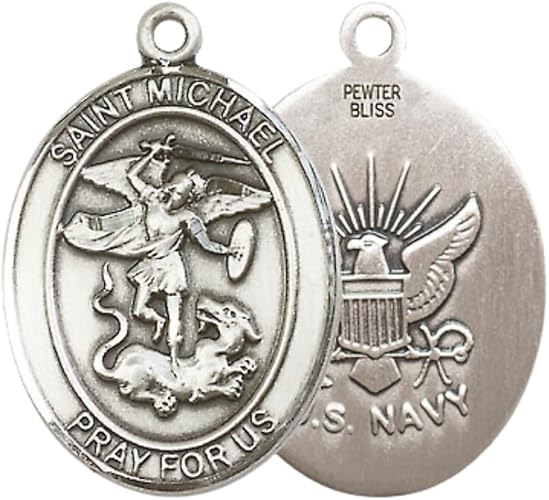 Women's Pewter Saint St. Michael Navy Pendant Necklace – 1" x ¾" – 18 Inch Rhodium Plated Lite Curb Brass Chain with Lobster Claw Clasp, Catholic Medal - Patron Saint. of Police Officers/EMTs – Velvet Gift Box