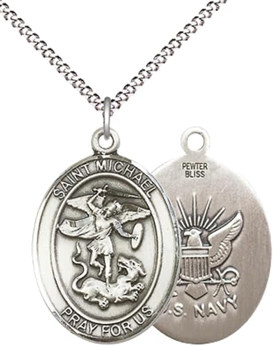 Women's Pewter Saint St. Michael Navy Pendant Necklace – 1" x ¾" – 18 Inch Rhodium Plated Lite Curb Brass Chain with Lobster Claw Clasp, Catholic Medal - Patron Saint. of Police Officers/EMTs – Velvet Gift Box