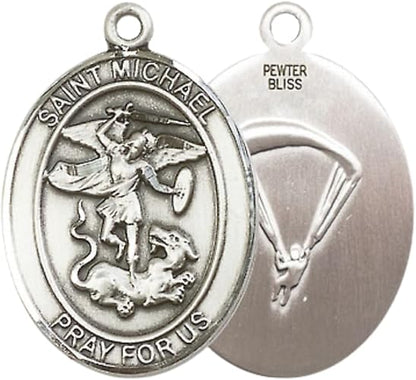 Women's Pewter Saint St. Michael Paratrooper Pendant Necklace – 1" x ¾" – 18 Inch Rhodium Plated Lite Curb Brass Chain with Lobster Claw Clasp, Catholic Medal - Patron Saint. of Police Officers/EMTs – Velvet Gift Box