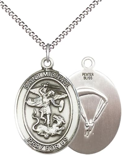 Women's Pewter Saint St. Michael Paratrooper Pendant Necklace – 1" x ¾" – 18 Inch Rhodium Plated Lite Curb Brass Chain with Lobster Claw Clasp, Catholic Medal - Patron Saint. of Police Officers/EMTs – Velvet Gift Box