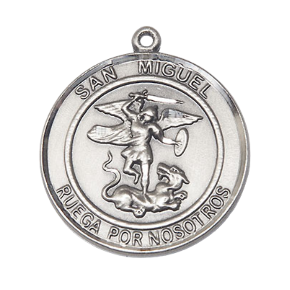Mens .925 Sterling Silver Saint St. Miguel Arcangel Medal Pendant on 24 Inch Rhodium Plated Heavy Curb Brass Chain with Lobster Claw clasp, Catholic Religious Necklace - Made in USA- Velvet Gift Box