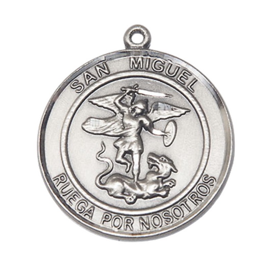 Mens .925 Sterling Silver Saint St. Miguel Arcangel Medal Pendant on 24 Inch Rhodium Plated Heavy Curb Brass Chain with Lobster Claw clasp, Catholic Religious Necklace - Made in USA- Velvet Gift Box
