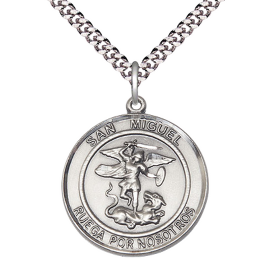 Mens 1 x 7/8" Round Pewter Saint St. Miguel Arcangel Medal Pendant on 24 Inch Rhodium Plated Heavy Curb Brass Chain with Lobster Claw clasp, Catholic Religious Necklace - Made in USA- Velvet Gift Box