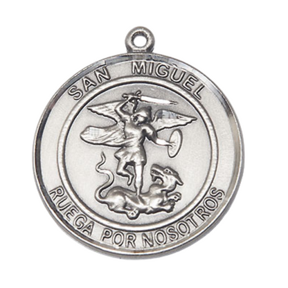 Spanish Script Women's Pewter Saint St. Miguel Arcangel Medal Pendant on 18 Inch Rhodium Plated Lite Curb Brass Chain, Catholic Religious Necklace with Lobster Claw Clasp - Made in USA- Deluxe Velvet Gift Box