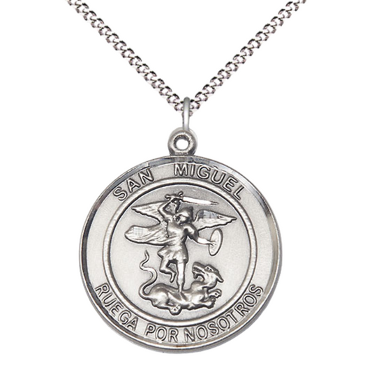 Spanish Script Women's Pewter Saint St. Miguel Arcangel Medal Pendant on 18 Inch Rhodium Plated Lite Curb Brass Chain, Catholic Religious Necklace with Lobster Claw Clasp - Made in USA- Deluxe Velvet Gift Box