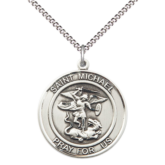 Women's Pewter Saint St. Michael the Archangel Medal Pendant on 18 Inch Rhodium Plated Lite Curb Brass Chain with Lobster Claw Clasp, Catholic Religious Necklace - Made in USA- Deluxe Velvet Gift Box