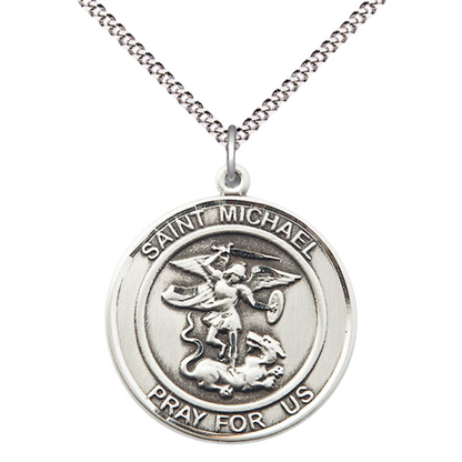 Women's .925 Sterling Silver Saint St. Michael the Archangel Medal Pendant on 18 Inch Rhodium Plated Lite Curb Brass Chain w/ Lobster Claw Clasp, Catholic Religious Necklace - Made in USA- Velvet Gift Box