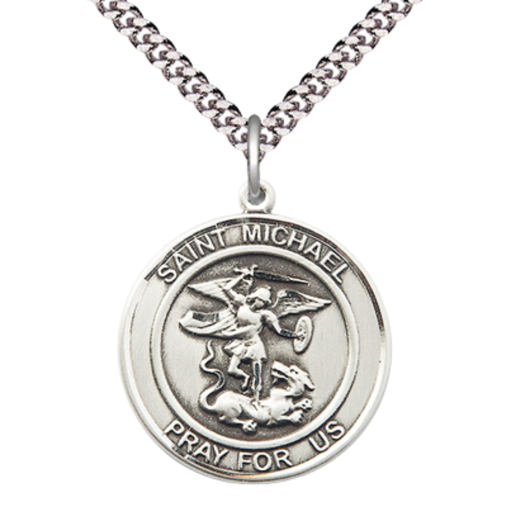 Mens Round Pewter Saint Michael the Archangel Medal Pendant on 24" Rhodium Plated Heavy Curb Brass Chain with Lobster Claw clasp, Catholic Religious Necklace -Made in USA- Velvet Gift Box