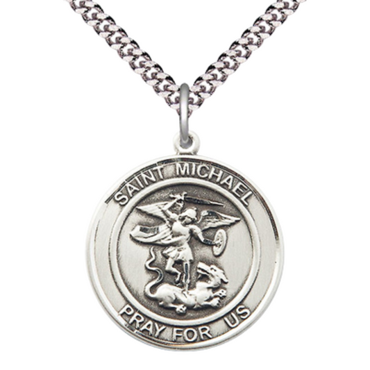 Mens Round Pewter Saint Michael the Archangel Medal Pendant on 24" Rhodium Plated Heavy Curb Brass Chain with Lobster Claw clasp, Catholic Religious Necklace -Made in USA- Velvet Gift Box