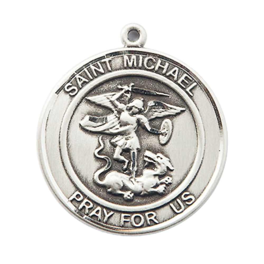 Mens Round Pewter Saint Michael the Archangel Medal Pendant on 24" Rhodium Plated Heavy Curb Brass Chain with Lobster Claw clasp, Catholic Religious Necklace -Made in USA- Velvet Gift Box