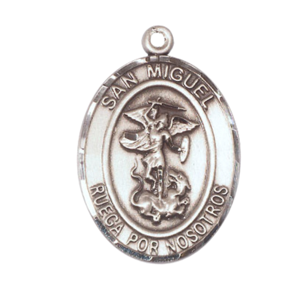 Spanish Script Women's Pewter Saint St. Miguel Arcangel Medal Pendant on 18 Inch Rhodium Plated Lite Curb Brass Chain, Catholic Religious Necklace with Lobster Claw Clasp - Made in USA, Deluxe Velvet Gift Box