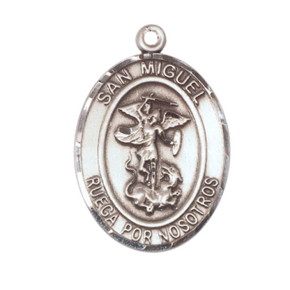 Spanish Script Women's Pewter Saint St. Miguel Arcangel Medal Pendant on 18 Inch Rhodium Plated Lite Curb Brass Chain, Catholic Religious Necklace with Lobster Claw Clasp - Made in USA, Deluxe Velvet Gift Box