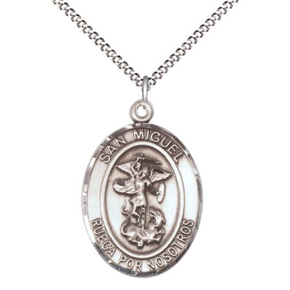 Spanish Script Women's .925 Sterling Silver Saint St. Miguel Arcangel Medal Pendant on 18 Inch Rhodium Plated Lite Curb Brass Chain, Catholic Religious Necklace with Lobster Claw Clasp - Made in USA, Deluxe Velvet Gift Box