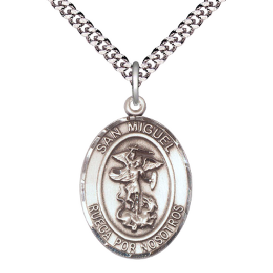 Mens 1 x 3/4" Oval Pewter Saint St. Miguel Arcangel Medal Pendant on 24 Inch Rhodium Plated Heavy Curb Brass Chain with Lobster Claw clasp, Catholic Religious Necklace - Made in USA - Velvet Gift Box