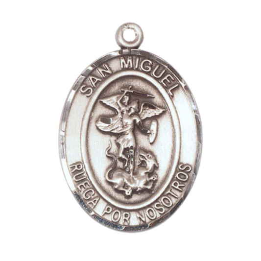 Mens .925 Sterling Silver Saint St. Miguel Arcangel Medal Pendant on 24 Inch Rhodium Plated Heavy Curb Brass Chain with Lobster Claw clasp, Catholic Religious Necklace - Made in USA- Velvet Gift Box