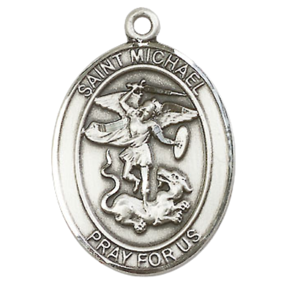 Women's .925 Sterling Silver Patron Saint St. Michael the Archangel Medal Pendant with 18 Inch Rhodium Plated Lite Curb Brass Chain Catholic Religious Necklace - Made in USA, Deluxe Velvet Gift Box