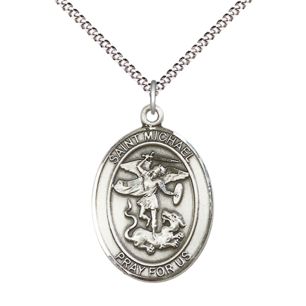 Women's .925 Sterling Silver Patron Saint St. Michael the Archangel Medal Pendant with 18 Inch Rhodium Plated Lite Curb Brass Chain Catholic Religious Necklace - Made in USA, Deluxe Velvet Gift Box