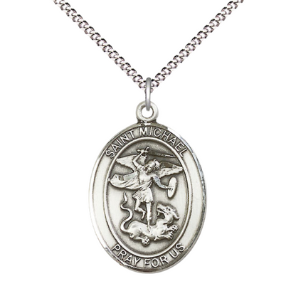 Women's .925 Sterling Silver Patron Saint St. Michael the Archangel Medal Pendant with 18 Inch Rhodium Plated Lite Curb Brass Chain Catholic Religious Necklace - Made in USA, Deluxe Velvet Gift Box