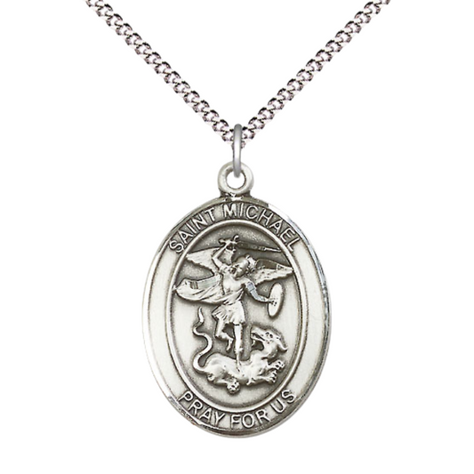 Women's .925 Sterling Silver Patron Saint St. Michael the Archangel Medal Pendant with 18 Inch Rhodium Plated Lite Curb Brass Chain Catholic Religious Necklace - Made in USA, Deluxe Velvet Gift Box