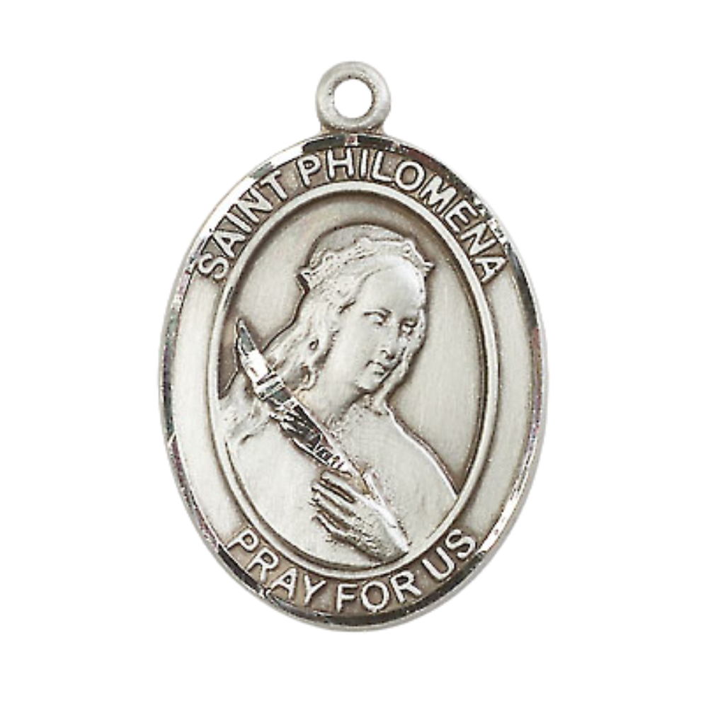 Everlasting Light Jewelry Pewter Saint St. Philomena Medal Pendant on 24 Inch Endless Rhodium Plated Heavy Curb Brass Chain, Catholic Religious Necklace - Made in USA- Deluxe Velvet Gift Box
