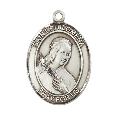 Everlasting Light Jewelry Pewter Saint St. Philomena Medal Pendant on 24 Inch Endless Rhodium Plated Heavy Curb Brass Chain, Catholic Religious Necklace - Made in USA- Deluxe Velvet Gift Box
