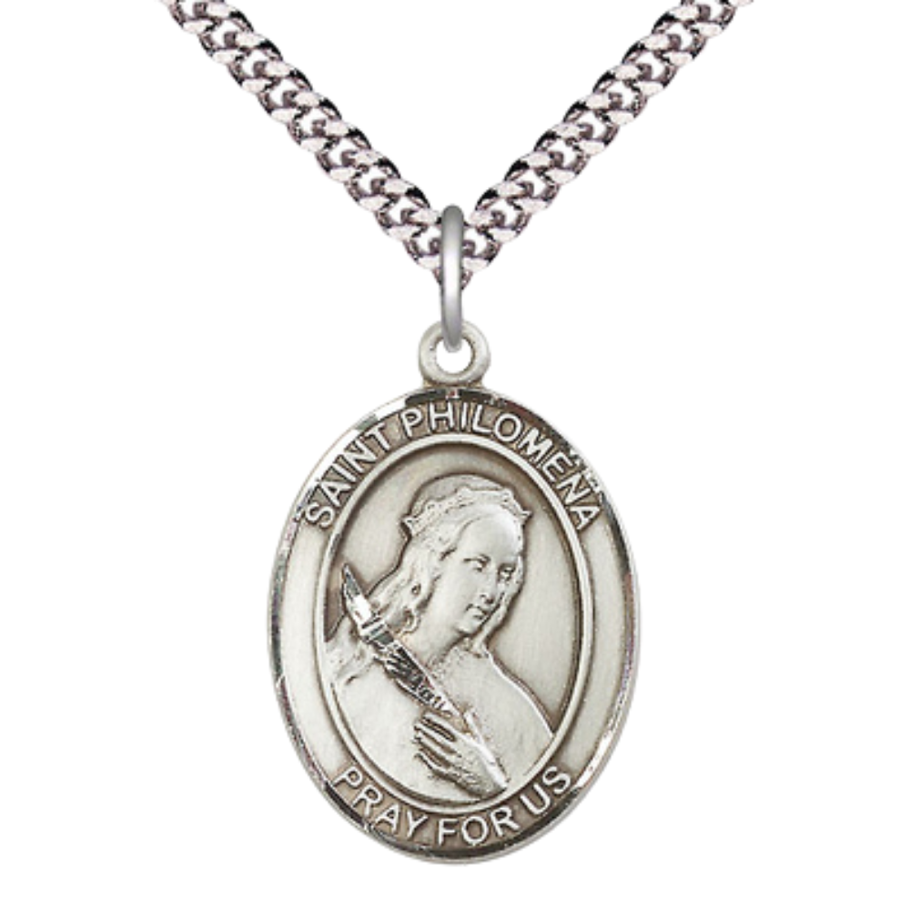 Everlasting Light Jewelry Pewter Saint St. Philomena Medal Pendant on 24 Inch Endless Rhodium Plated Heavy Curb Brass Chain, Catholic Religious Necklace - Made in USA- Deluxe Velvet Gift Box