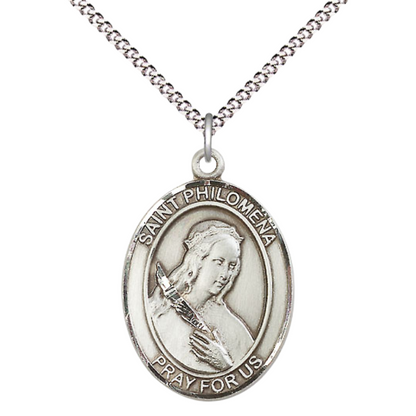Women's .925 Sterling Silver Saint St. Philomena Medal Pendant on 18 Inch Rhodium Plated Lite Curb Brass Chain with Lobster Claw Clasp, Catholic Religious Necklace - Made in USA- Deluxe Velvet Gift Box