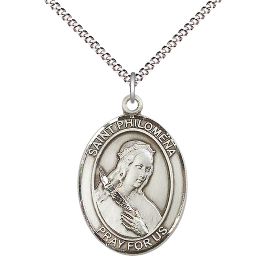 Women's .925 Sterling Silver Saint St. Philomena Medal Pendant on 18 Inch Rhodium Plated Lite Curb Brass Chain with Lobster Claw Clasp, Catholic Religious Necklace - Made in USA- Deluxe Velvet Gift Box