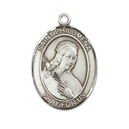Women's .925 Sterling Silver Saint St. Philomena Medal Pendant on 18 Inch Rhodium Plated Lite Curb Brass Chain with Lobster Claw Clasp, Catholic Religious Necklace - Made in USA- Deluxe Velvet Gift Box