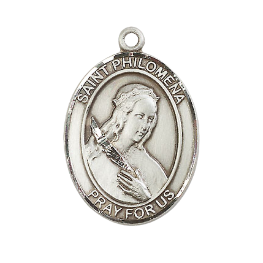 Women's Pewter Saint St. Philomena Medal Pendant on 18 Inch Rhodium Plated Lite Curb Brass Chain with Lobster Claw Clasp, Catholic Religious Necklace - Made in USA- Deluxe Velvet Gift Box