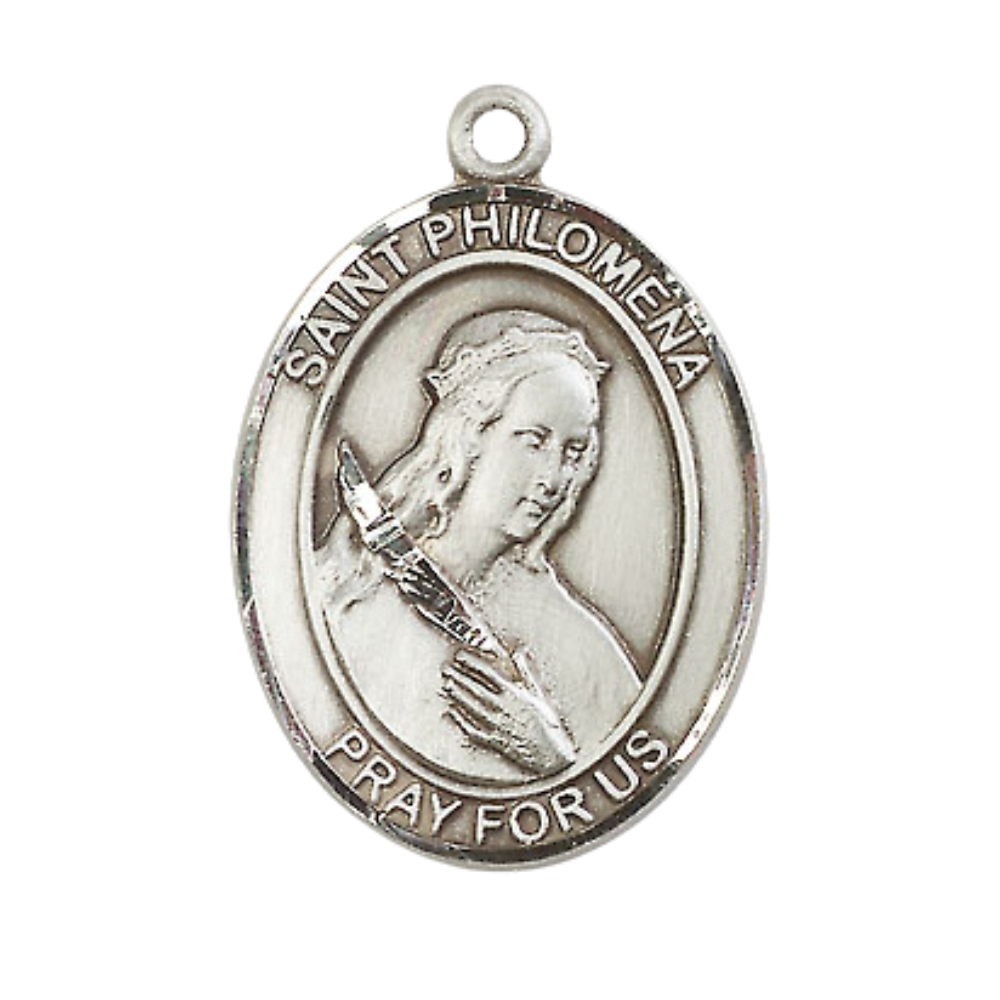 Mens Oval .925 Sterling Silver Saint St. Philomena Medal Pendant on 24 Inch Rhodium Plated Heavy Curb Brass Chain with Lobster Claw clasp, Catholic Religious Necklace - Made in USA- Velvet Gift Box