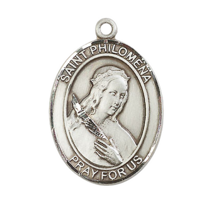 Mens Oval .925 Sterling Silver Saint St. Philomena Medal Pendant on 24 Inch Rhodium Plated Heavy Curb Brass Chain with Lobster Claw clasp, Catholic Religious Necklace - Made in USA- Velvet Gift Box