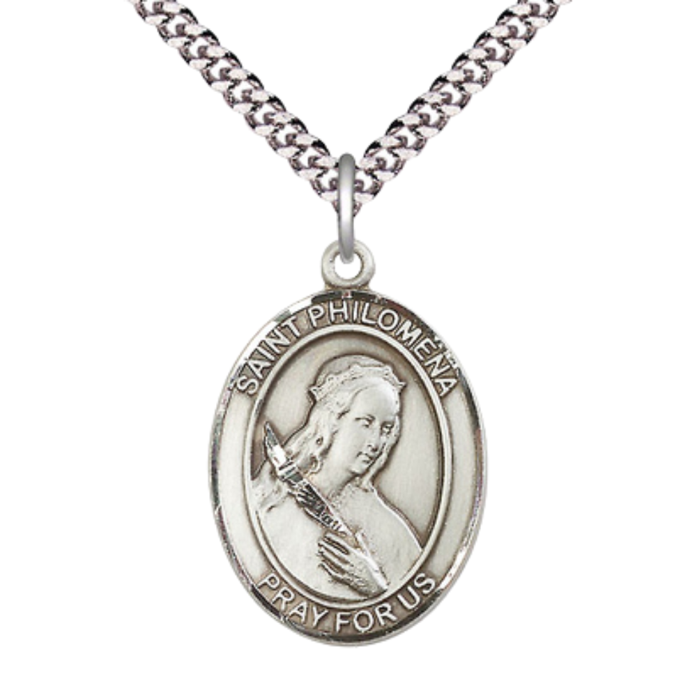 Saint St. Philomena Men's .925 Sterling Silver Medal Necklace– Patron Saint St. of Young– 24 Inch Light Rhodium Plated Heavy Curb Chain, Catholic Medal – Velvet Gift Box