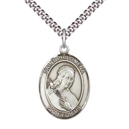 Saint St. Philomena Men's .925 Sterling Silver Medal Necklace– Patron Saint St. of Young– 24 Inch Light Rhodium Plated Heavy Curb Chain, Catholic Medal – Velvet Gift Box