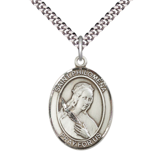 Saint St. Philomena Men's .925 Sterling Silver Medal Necklace– Patron Saint St. of Young– 24 Inch Light Rhodium Plated Heavy Curb Chain, Catholic Medal – Velvet Gift Box