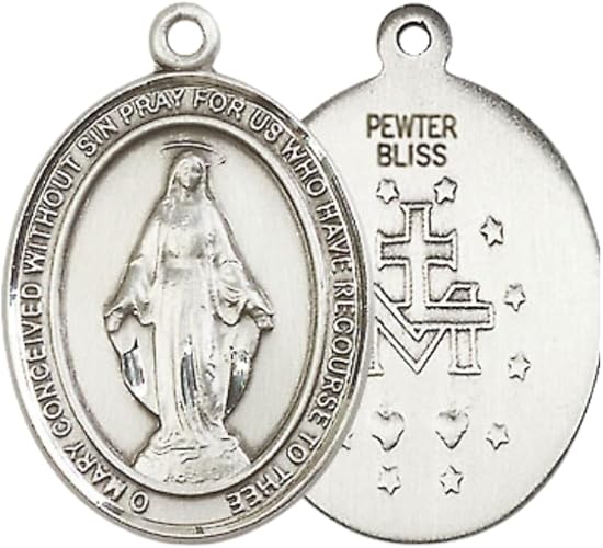 Everlasting Light Jewelry Women's Pewter Miraculous Medal Pendant on 18 Inch Rhodium Plated Lite Curb Brass Chain with Lobster Claw Clasp, Catholic Religious Necklace - Made in USA- Deluxe Velvet Gift Box