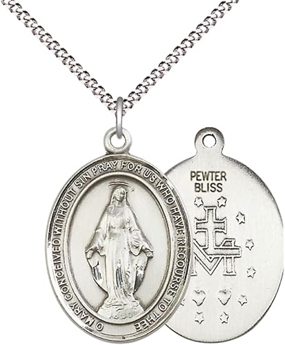 Everlasting Light Jewelry Women's Pewter Miraculous Medal Pendant on 18 Inch Rhodium Plated Lite Curb Brass Chain with Lobster Claw Clasp, Catholic Religious Necklace - Made in USA- Deluxe Velvet Gift Box