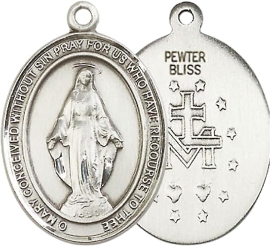 Everlasting Light Jewelry Men's Pewter Miraculous Medal Pendant on 24 Inch Endless Rhodium Plated Heavy Curb Chain, Catholic Religious Necklace - Made in USA, Deluxe Velvet Gift Box