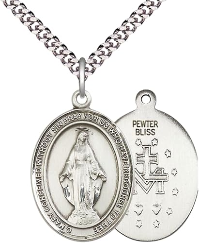 Everlasting Light Jewelry Men's Pewter Miraculous Medal Pendant on 24 Inch Endless Rhodium Plated Heavy Curb Chain, Catholic Religious Necklace - Made in USA, Deluxe Velvet Gift Box
